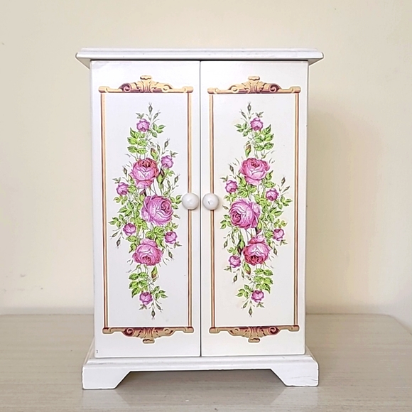 Avon jewelry Box Armoire Case Floral Painted 6 DrawersNecklace Hooks & Mirror